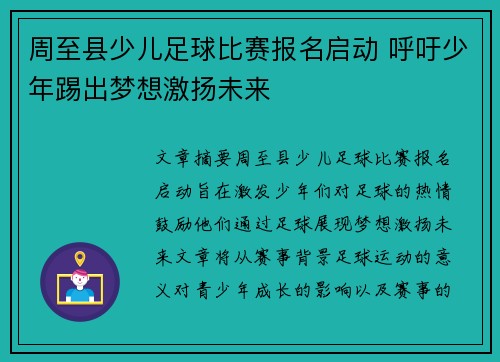 周至县少儿足球比赛报名启动 呼吁少年踢出梦想激扬未来