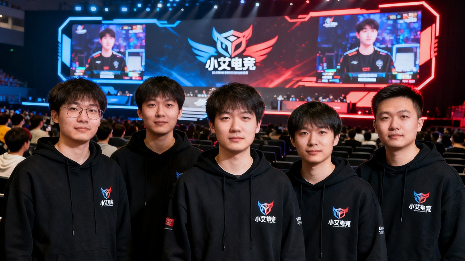 小艾电竞核心创始团队五人站在2024年DOTA2国际邀请赛TI13赛事现场舞台前合影，背景是巨大的赛事LED屏幕和观众席，团队成员身穿印有小艾电竞标志的黑色卫衣，神情专注而自信