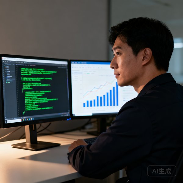小艾电竞首席技术官周睿哲的侧面半身照，他面前是双屏显示着代码和数据分析界面的工作台